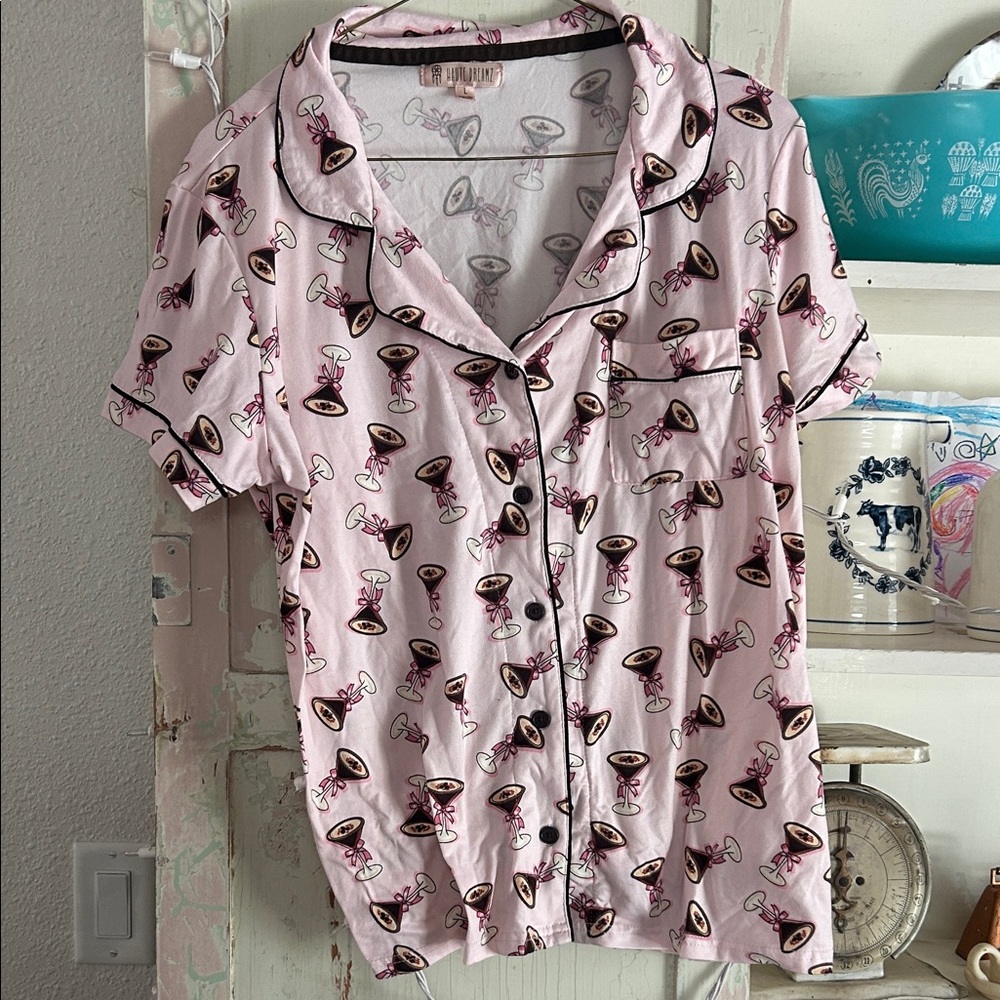 Women's Pink Printed Short-Sleeve Button-Up jammy top